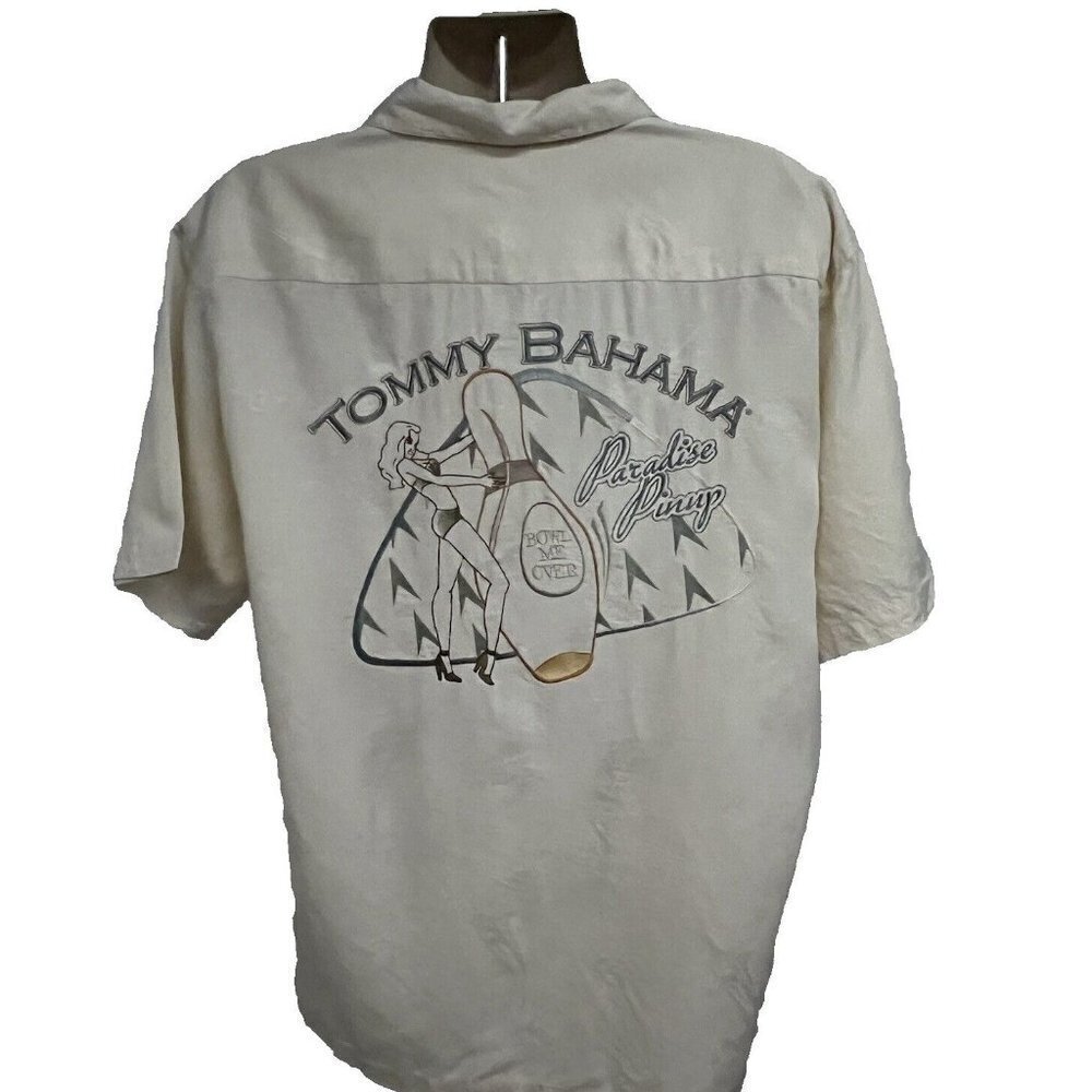 Tommy Bahama Beige Hawaiian Aloha Embroidered Silk Button Up Shirt Large Pocket